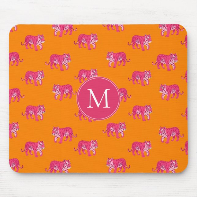 Hot Pink Tiger on Bold Orange Boho Pattern Mouse Pad (Front)