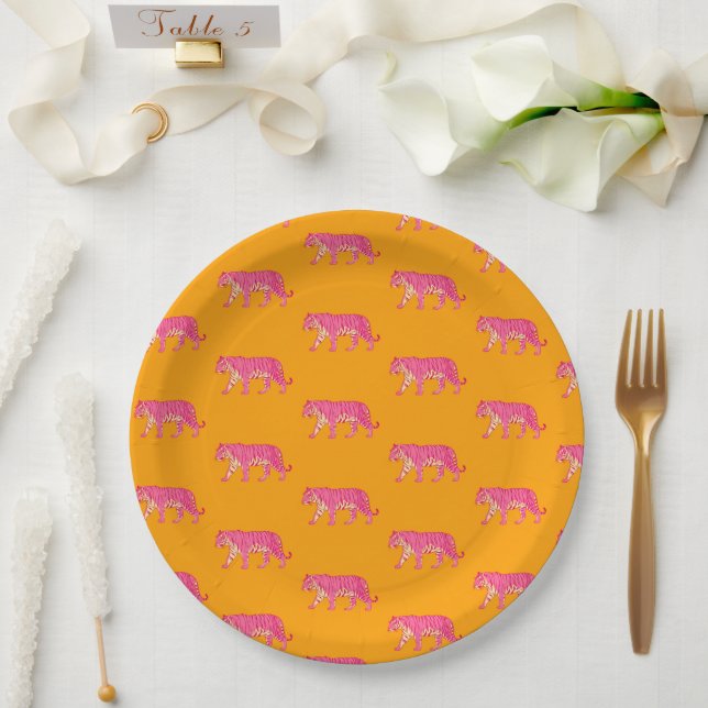 Hot Pink Tiger on Bold Orange Boho Pattern Paper Plate (Wedding)