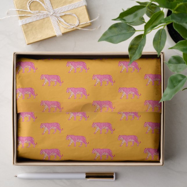 Hot Pink Tiger on Bold Orange Boho Pattern Tissue Paper (Gift)