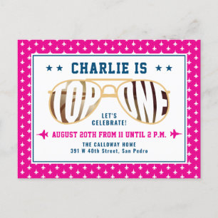Hot Pink TopOne Fighter Pilot Theme First Birthday Postcard