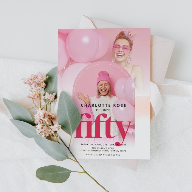 Hot Pink Trendy Chic Arch Photo 50th Birthday Invitation (Creator Uploaded)