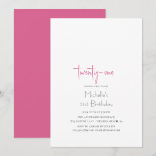 Hot Pink Trendy Modern Minimalist 21st Birthday Invitation