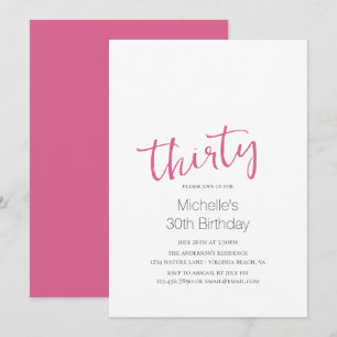 Hot Pink Trendy Modern Minimalist 30th Birthday Invitation