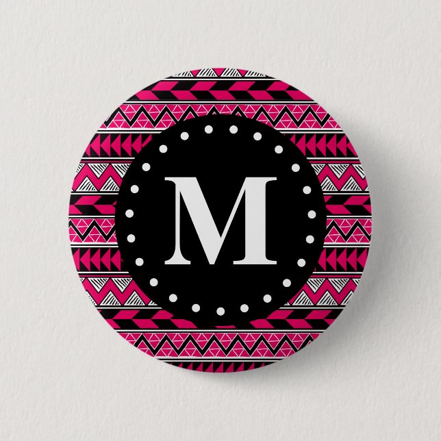 Hot Pink Tribal Chevron Pattern Monogram 2 Inch Round Button (Front)