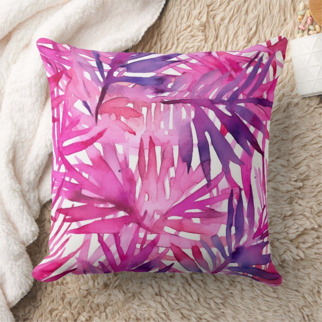 Hot Pink Tropical Jungle Palm Leaf Throw Pillow (Blanket)