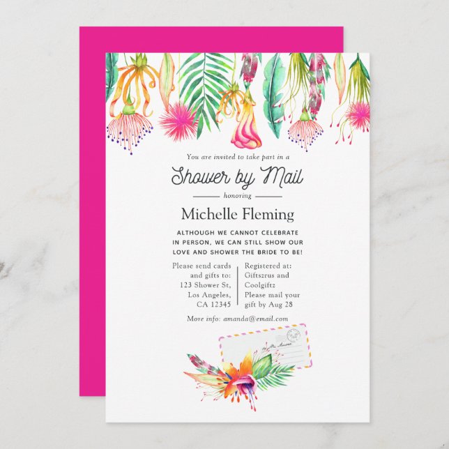 Hot-Pink Tropical Summer Bridal Shower by Mail Invitation (Front/Back)