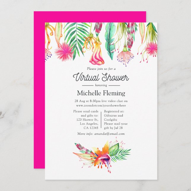 Hot-Pink Tropical Summer Virtual Baby Shower Invitation (Front/Back)