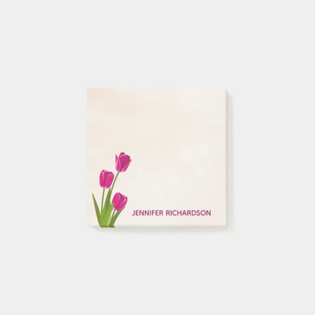 Hot Pink Tulips On Watercolor Personalized Post-it Notes (Front)