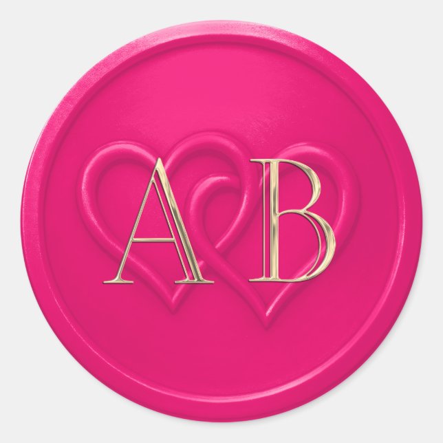 Hot Pink Two Hearts Intertwined Monogram Wedding Classic Round Sticker (Front)