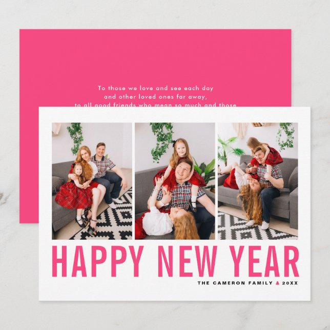Hot Pink Typography Happy New Year Photo Collage Holiday Card (Front/Back)