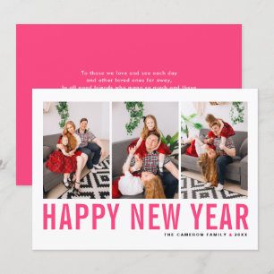 Hot Pink Typography Happy New Year Photo Collage Holiday Card