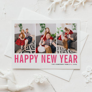 Hot Pink Typography Happy New Year Photo Collage Holiday Card