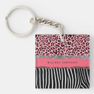 Hot Pink Unique Glitter Leopard Print Luxury  Keychain