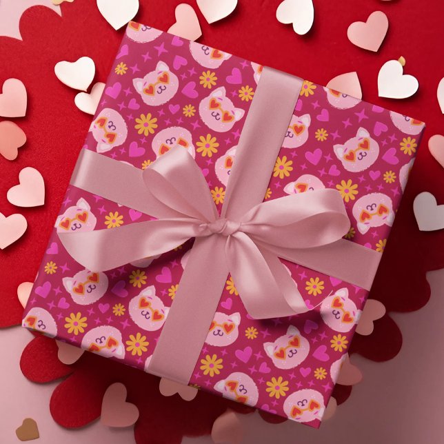 Hot Pink Valentines Day Cat Heart Sunglasses Wrapping Paper (Creator Uploaded)