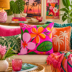 Hot Pink Vibrant Tropical Plumeria Pop Throw Pillow