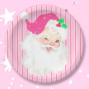 Hot Pink Vintage Santa Wink Retro Christmas Party Paper Plate