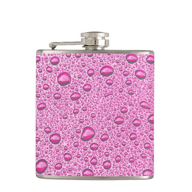 Hot pink water droplets hip flask (Front)