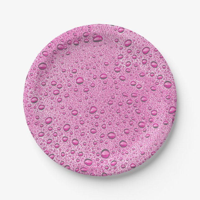 Hot pink water droplets paper plate (Front)