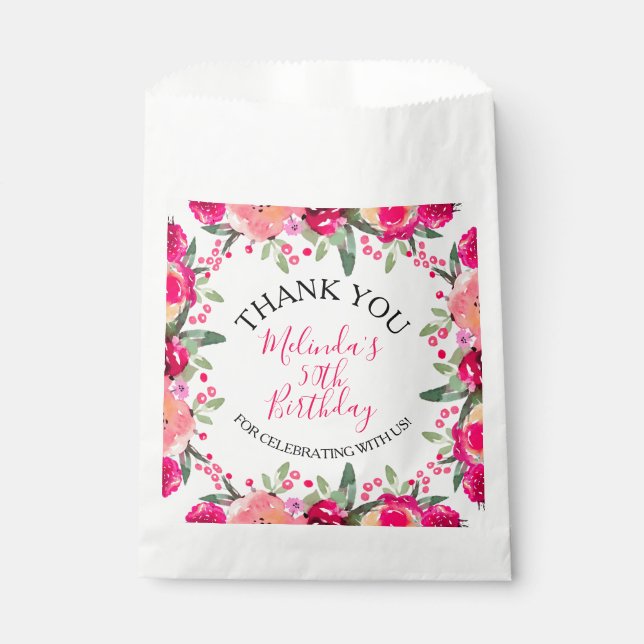 Hot Pink Watercolor Floral Botanical Birthday Favour Bag (Front)