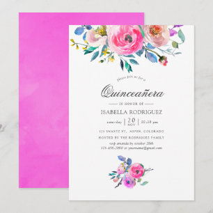 Hot-Pink Watercolor Floral Quinceañera Invitation