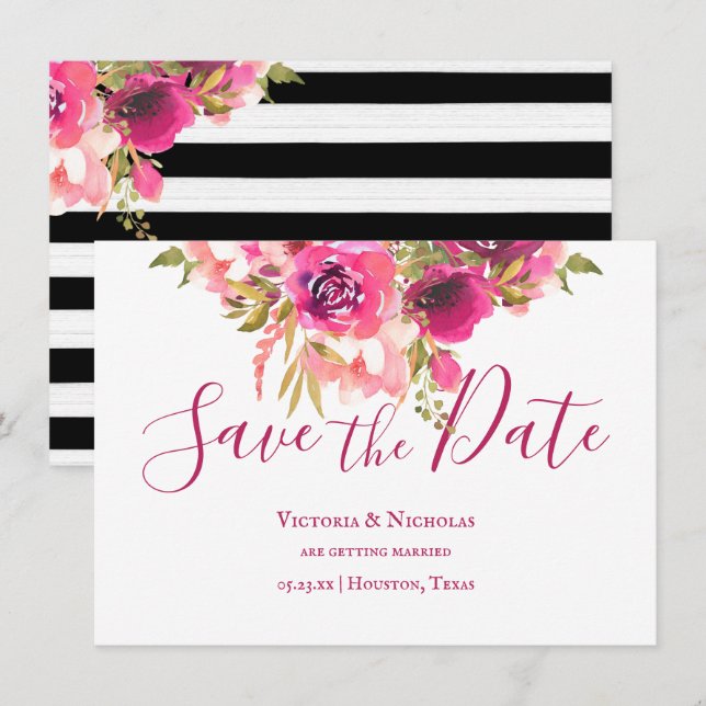 Hot Pink Watercolor Floral Save the Date Invitation (Front/Back)
