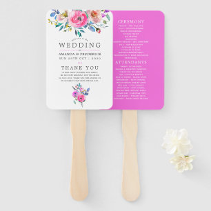 Hot-Pink Watercolor Floral Wedding Program Hand Fan