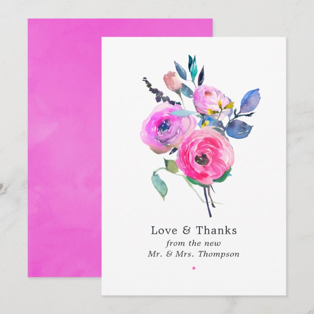 Hot-Pink Watercolor Floral Wedding Thank You Card (Front/Back)