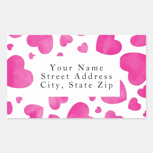 Hot Pink Watercolor Hearts Pattern Labels (Front)