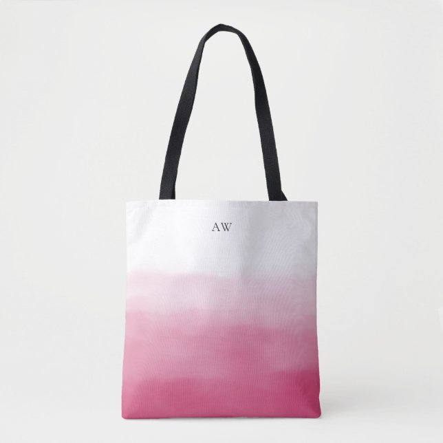Hot Pink Watercolor Ombre Modern Monogram Tote Bag (Front)