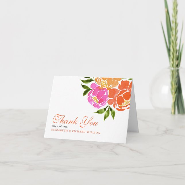 Hot Pink Watercolor Orange  Floral Thank You (Front)