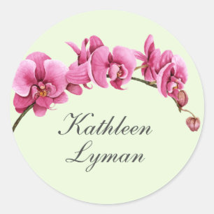 Hot Pink Watercolor Orchids Tropical with Name Classic Round Sticker