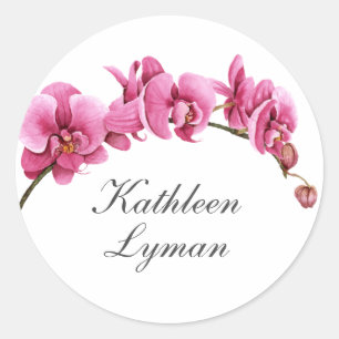Hot Pink Watercolor Orchids Tropical with Name Classic Round Sticker