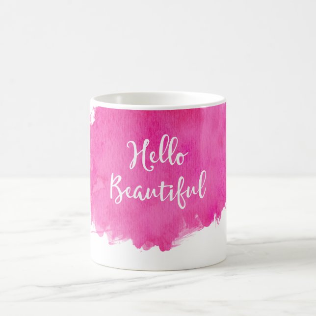 Hot Pink Watercolor Paint Splatter Hello Beautiful Coffee Mug (Center)