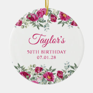 Hot Pink Watercolor Peonies 50th Birthday Photo Ceramic Ornament