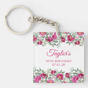 Hot Pink Watercolor Peonies 50th Birthday Photo Keychain