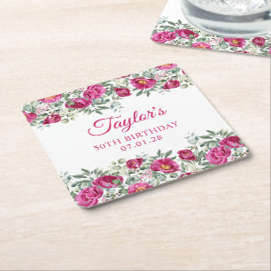 Hot Pink Watercolor Peonies 50th Birthday Square Paper Coaster