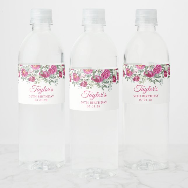Hot Pink Watercolor Peonies 50th Birthday Water Bottle Label (Bottles)
