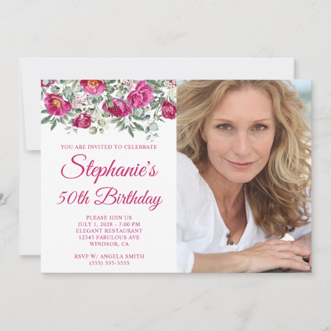 Hot Pink Watercolor Peonies Photo 50th Birthday Invitation (Front)