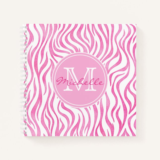 Hot Pink Watercolor Zebra Print | Monogram Notebook (Front)