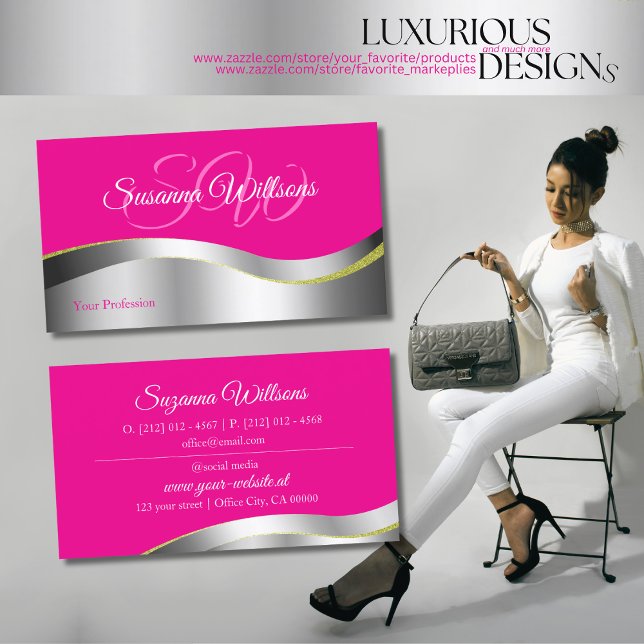 Hot Pink Wavy Silver Decor with Initials Classy Business Card (Creator Uploaded)