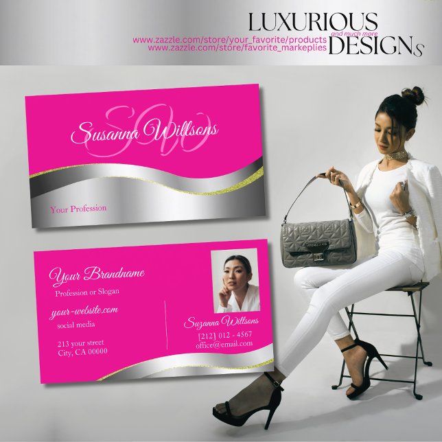 Hot Pink Wavy Silver Decor with Initials Photo Business Card (Creator Uploaded)