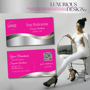 Hot Pink Wavy Silver Decor with Logo and QR Code Business Card