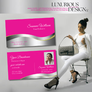 Hot Pink Wavy Silver Decor with Photo Classy Business Card