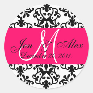 Hot Pink Wedding Monogram Names Date Paisley Seal