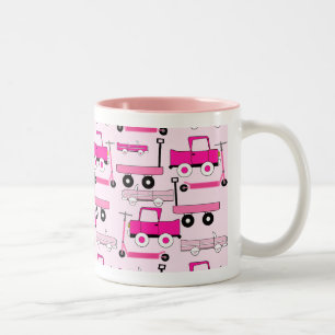 Hot Pink Wheels Vintage Cars Trucks Scooters Wagon Two-Tone Coffee Mug