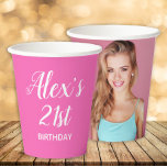 Hot Pink White 21st Birthday Name Photo Paper Cups<br><div class="desc">Cute hot pink 21st birthday party paper cup personalized with the name and age of the guest of honour on the front and her photo on the back</div>
