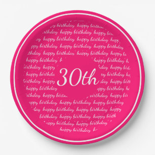 Hot Pink White 30th Happy Birthday Typography Paper Plate