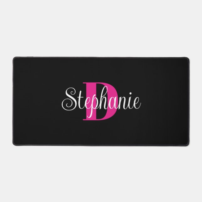 Hot Pink White and Black Cute Modern Monogram Desk Mat (Front)