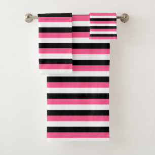 Hot Pink, White and Black Stripes Bath Towel Set