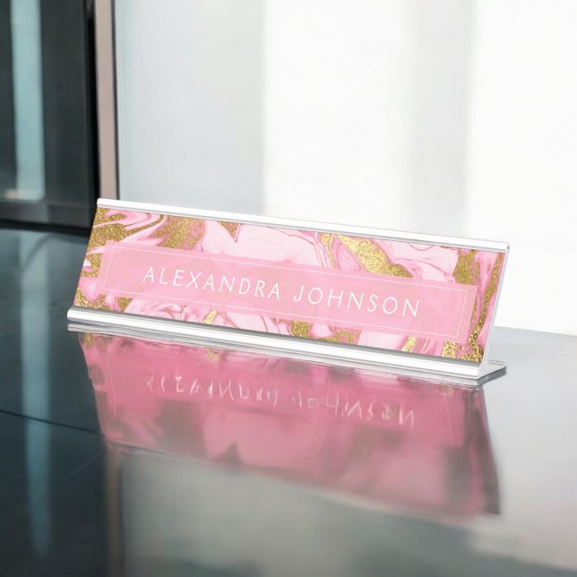 Hot Pink, White and Gold Foil Modern Marble Desk Name Plate (Creator Uploaded)